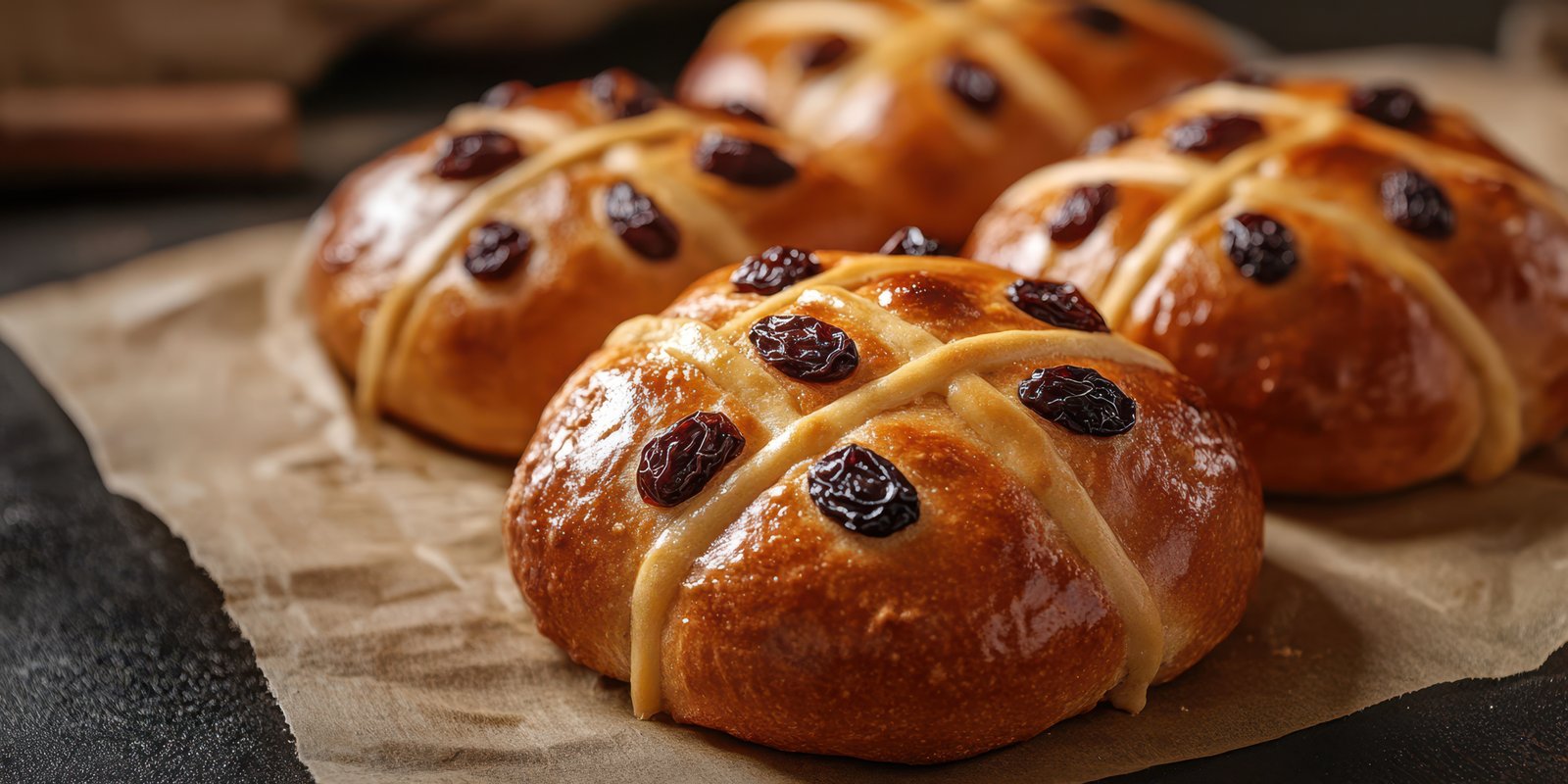 Freshly baked hot cross buns arranged on a wooden surface with rich brown tones and a rustic feel in a cozy kitchen setting